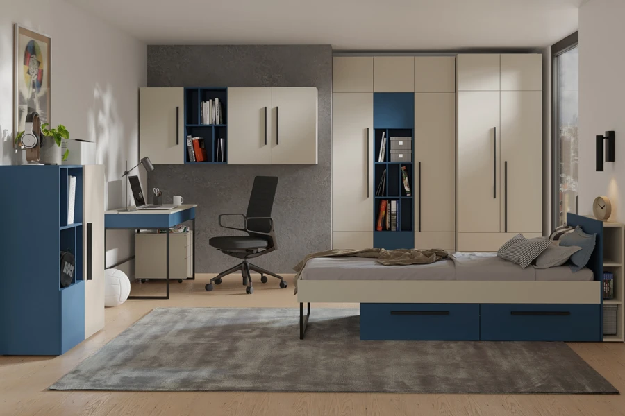 Komplettes Jugendzimmer-Set in Blau und Beige mit Bett, Schreibtisch und großem Kleiderschrank.