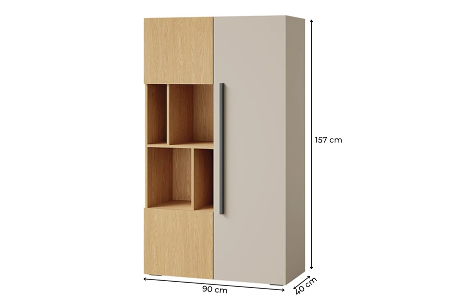 Lima Schrank in Beige und Eiche-Optik mit Abmessungen 90x157x40 cm.