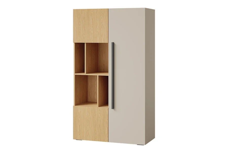 Moderner Lima Kombischrank mit offenen Regalfächern in Beige und Eiche-Nachbildung.