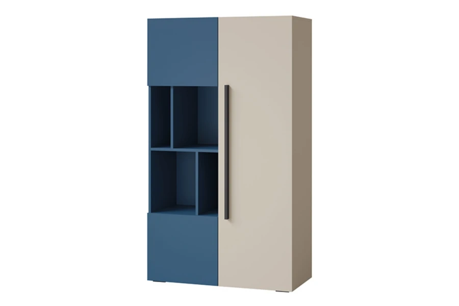 Moderner Kleiderschrank in Blau und Beige mit offenen Regalfächern und langem Griff.