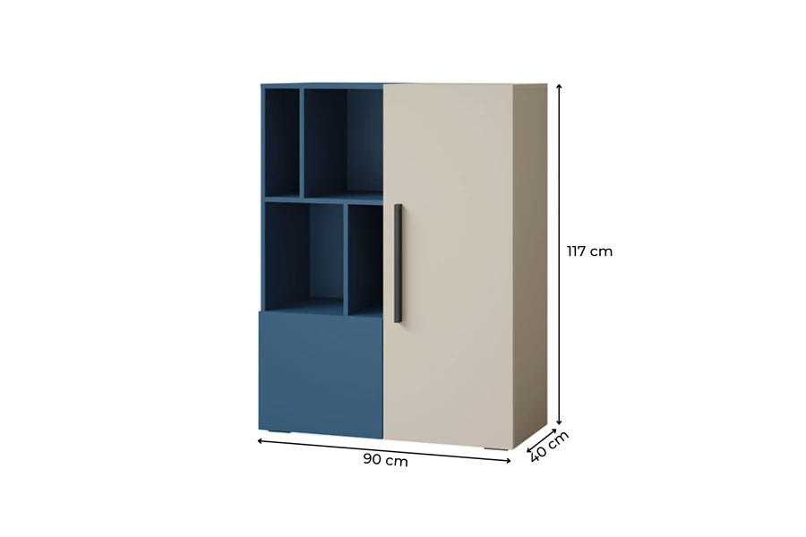 Blaues und beiges Kombiregal mit Maßen: 117 cm Höhe, 90 cm Breite, 40 cm Tiefe.
