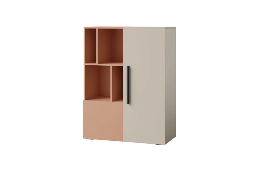 Zweifarbige Kommode in Peach und Grau mit offenen Regalfächern für moderne Wohnräume.