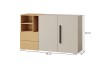 Modernes Sideboard in Eiche-Optik und Beige, 135x80 cm, mit Türen und offenen Regalfächern.