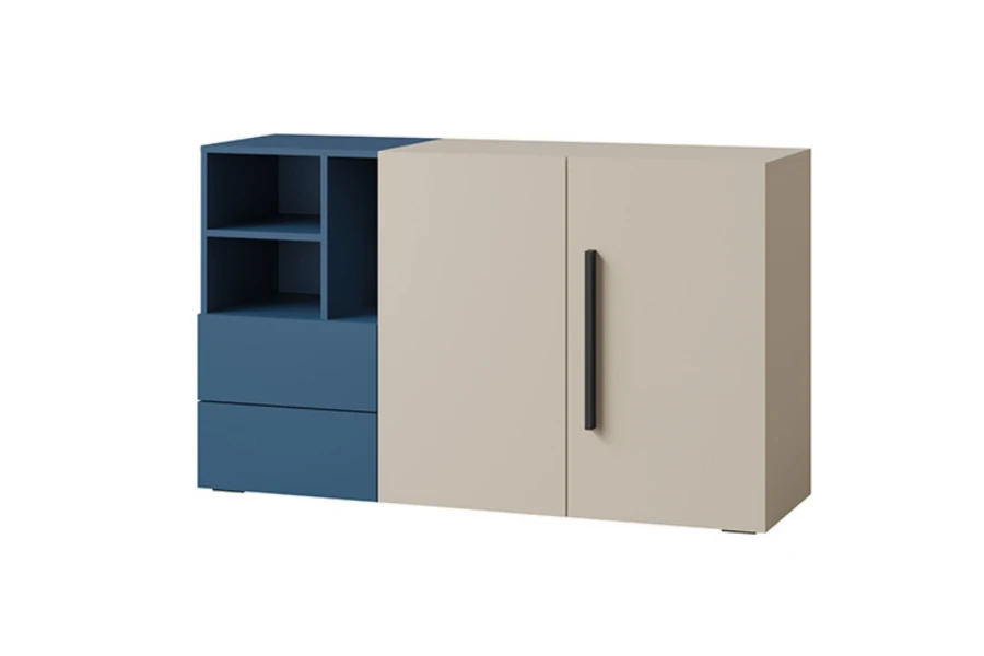 Modernes Sideboard in Blau und Beige mit Regalen, Schubladen und Schranktüren