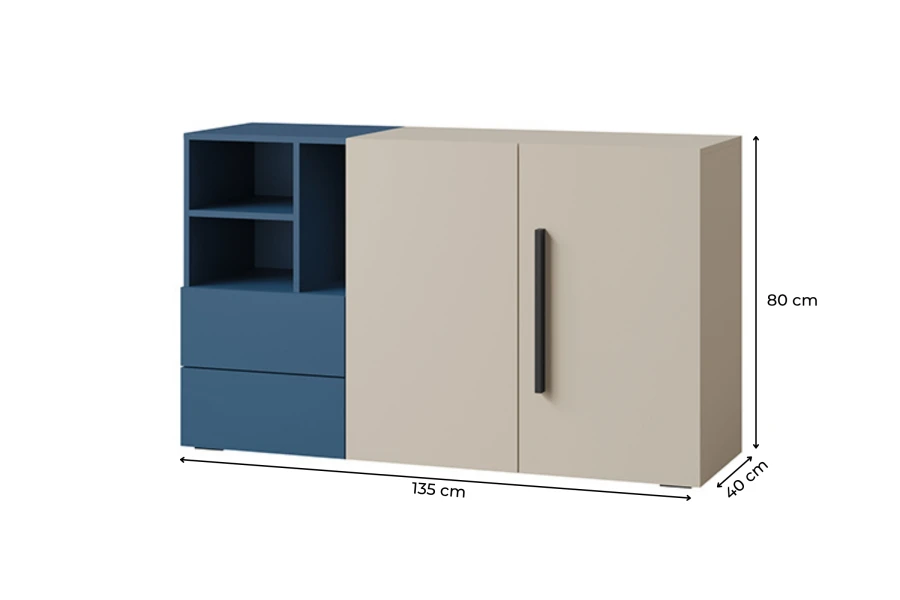 Maße des Sideboards: 135 cm Breite, 80 cm Höhe, 40 cm Tiefe in Blau und Beige