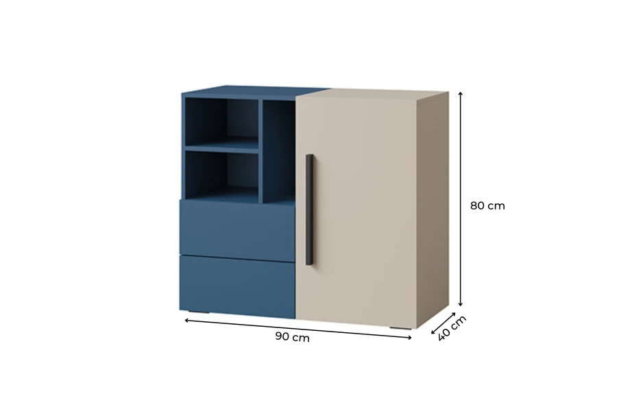 Blau-beiges Sideboard fürs Jugendzimmer mit Maßen: 90 cm Breite, 80 cm Höhe und 40 cm Tiefe.