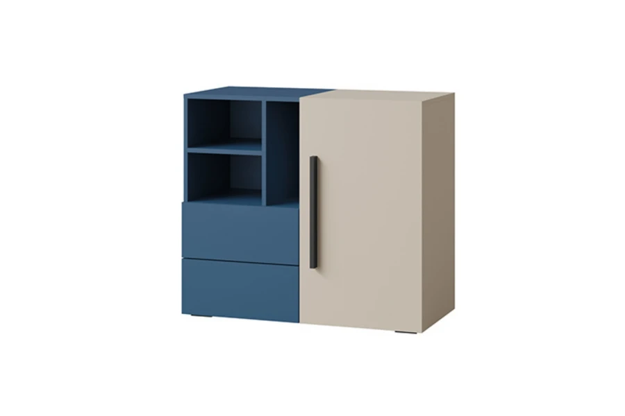 Modernes Sideboard in Blau und Beige mit offenen Regalfächern und Schubladen für das Jugendzimmer.