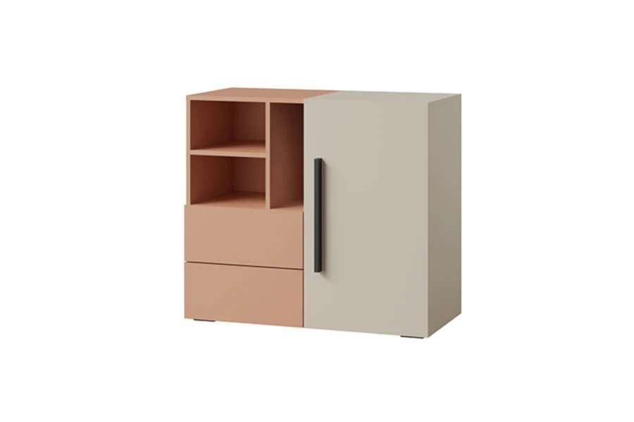 Modernes Sideboard der Lima Serie mit Tür, Schubladen und offenen Regalfächern in Beige und Terrakotta.