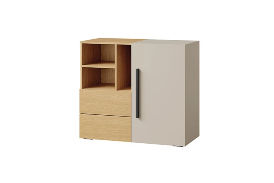 Modernes Sideboard, Kommode in Eiche-Optik und Beige mit Regalfächern und Tür.