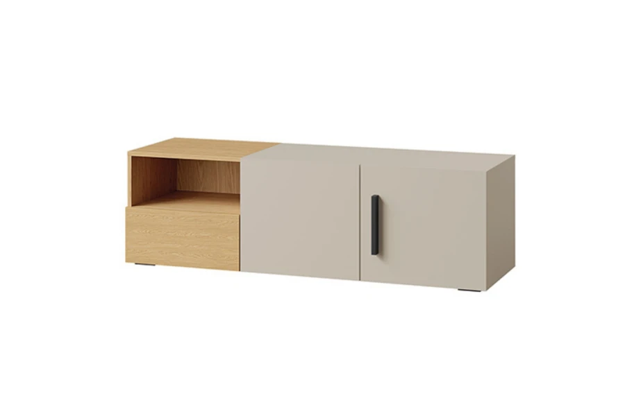 Modernes Lowboard in Eiche und Beige mit schwarzem Griff, schlichtes Design für das Wohnzimmer.