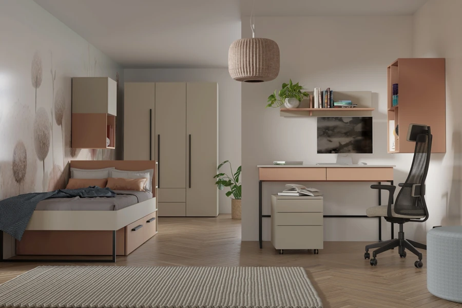 Jugendzimmer in Beige und Terrakotta mit Bett, Schreibtisch und Kleiderschrank.