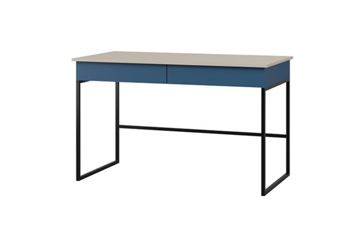 Stilvoller LIMA Schreibtisch in Blau und Beige mit modernem schwarzem Metallgestell.