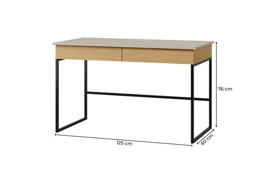 Schreibtisch mit schwarzen Metallbeinen und Holzschubladen, Maße 125x76x60 cm.