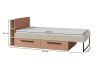 Jugendbett 90x200 cm mit Maßen, Schubladen und Regal in Beige und Terracotta.