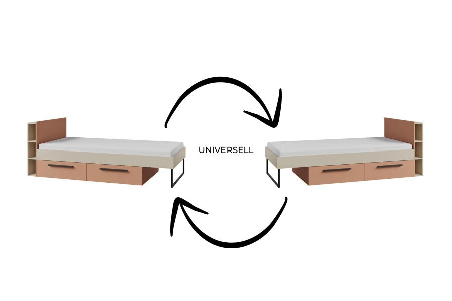 Reversibles Bett für Kinderzimmer, universell montierbar für flexible Raumgestaltung.