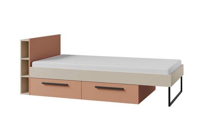 Modernes Einzelbett mit Stauraum-Schubladen und integriertem Regal am Kopfteil.