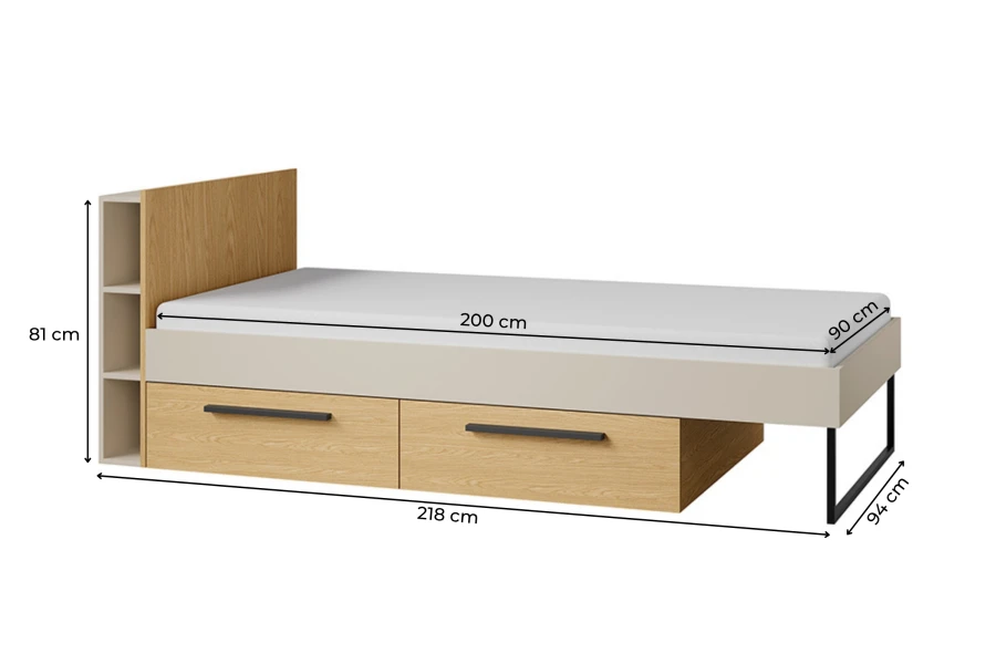 Lima Jugendbett mit zwei Schubladen und Kopfteil-Regal, Maße 90x200 cm Liegefläche.