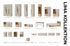 Übersicht der Lima Möbelkollektion mit Maßen für Kleiderschränke, Betten und Schreibtische in Beige und Eiche.