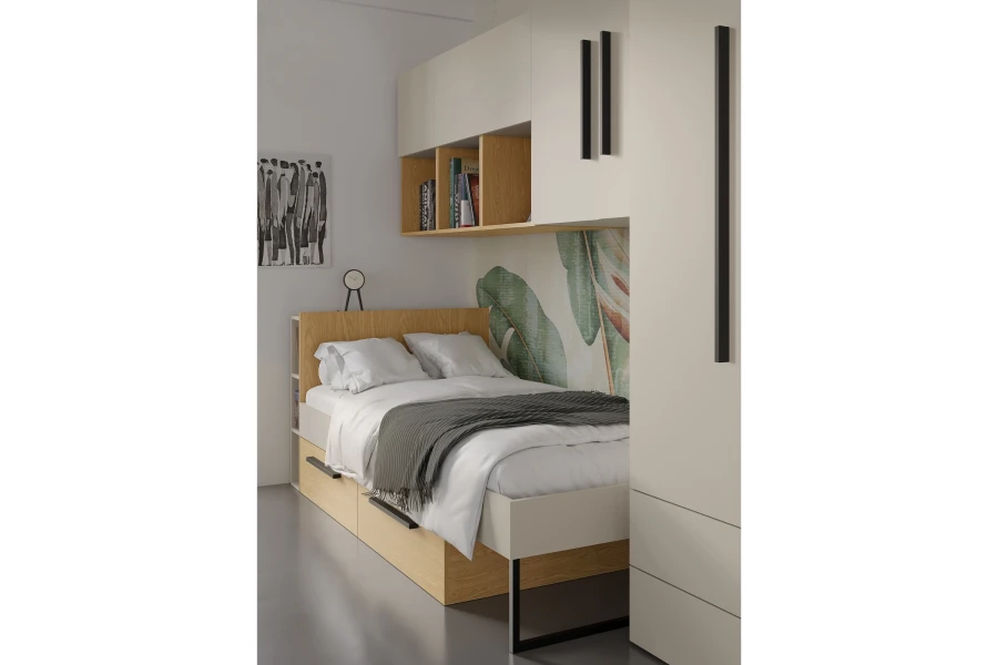 Funktionsbett der Lima Serie mit praktischen Schubladen und passenden Hängeschränken für das Kinderzimmer.