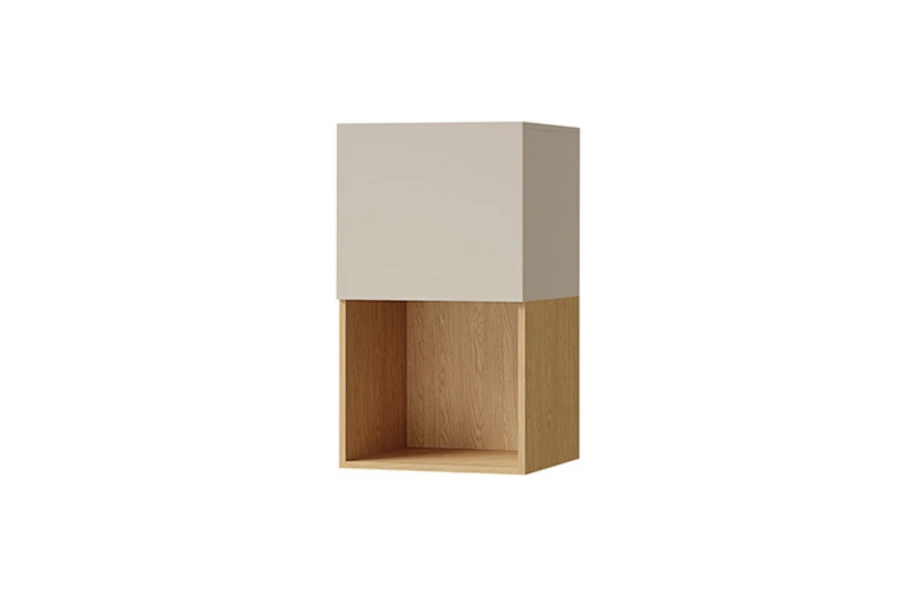 Hängeschrank-Modul der Lima Serie mit geschlossenem beigem Fach und offenem Eichenregal.