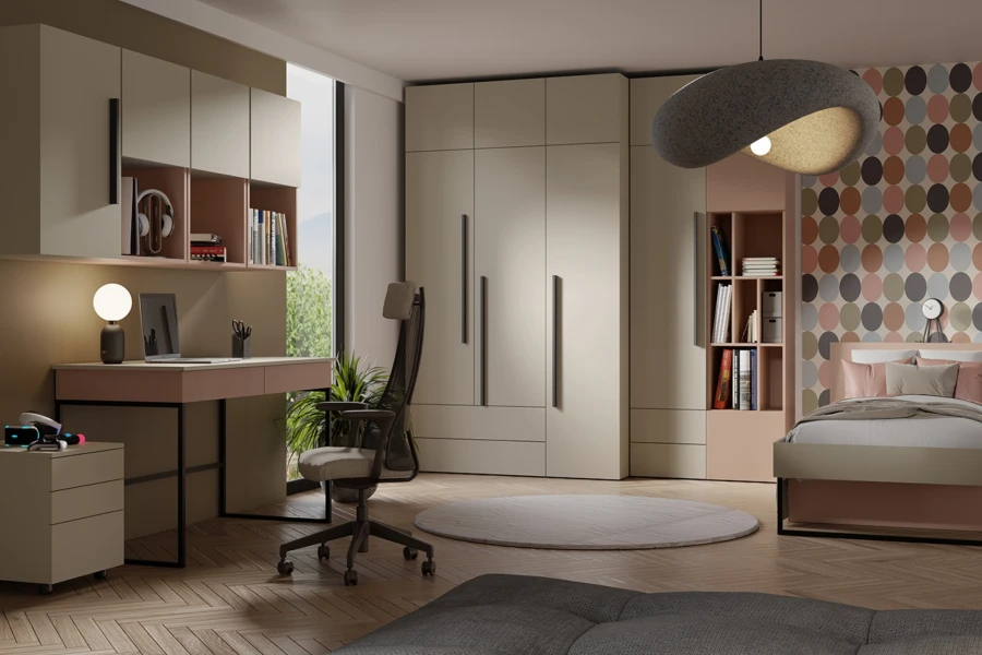 Modernes Jugendzimmer mit Schreibtisch, beigem Kleiderschrank und stilvoller Einrichtung.
