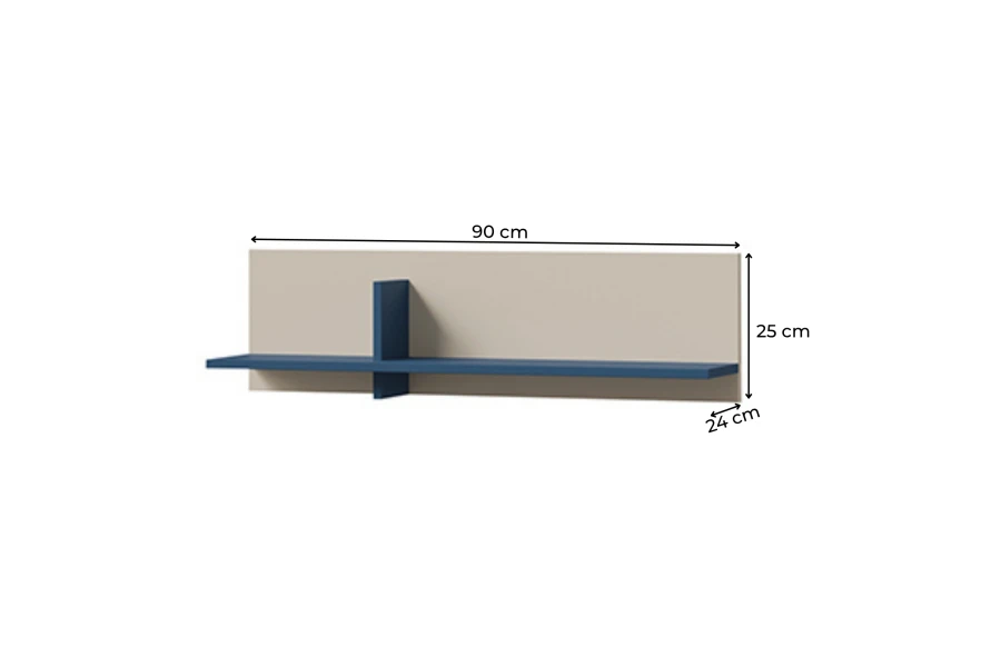Modernes Wandregal in Beige und Blau mit Maßen 90x25x24 cm für das Jugendzimmer.