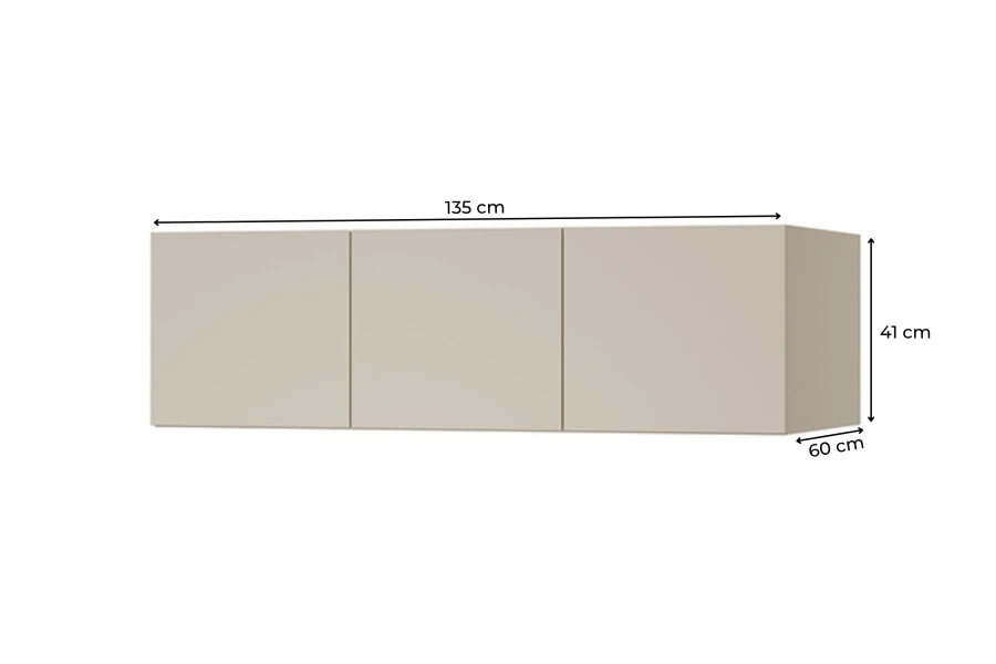 Maße des beigen Wandschranks: 135 cm Breite, 41 cm Höhe, 60 cm Tiefe.