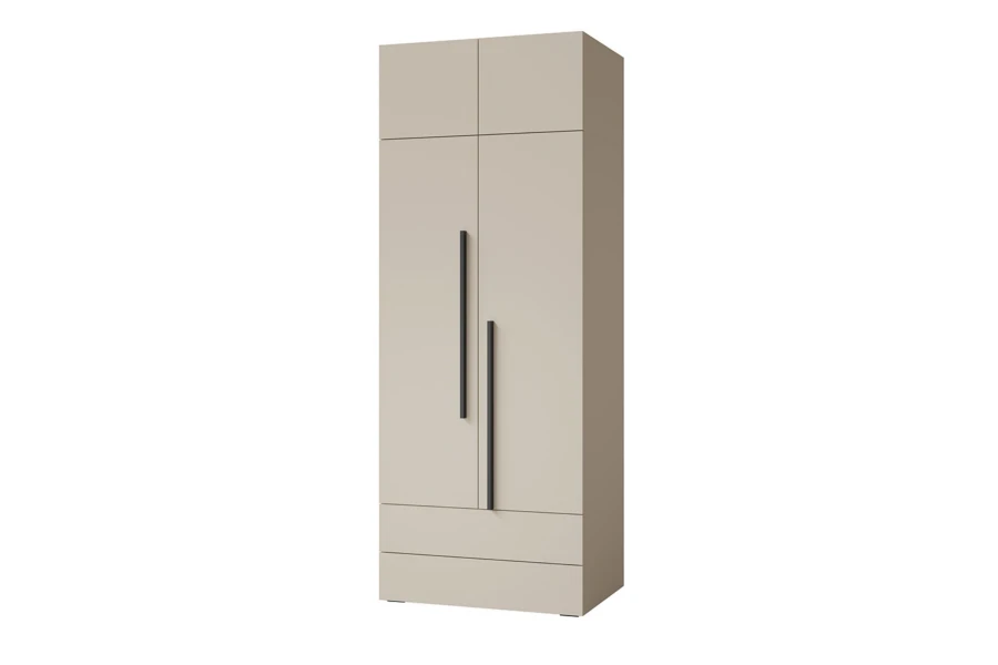 Beiger Kleiderschrank mit 2 Türen und schwarzen Griffen für das Schlafzimmer oder Jugendzimmer.