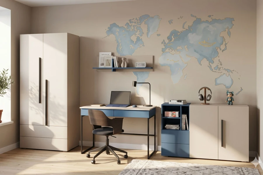 Modernes Kinderzimmer mit blauem Schreibtisch, Weltkarte an der Wand und hellem Kleiderschrank.
