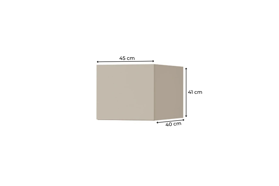 Maße des beigen Regalelements: 45 cm Breite, 41 cm Höhe, 40 cm Tiefe.