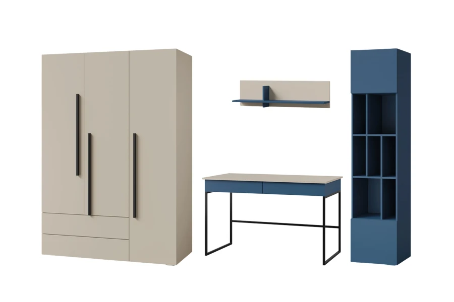 4-teilige Möbelkombination in Beige und Blau für Kinder- und Jugendzimmer auf weißem Hintergrund.