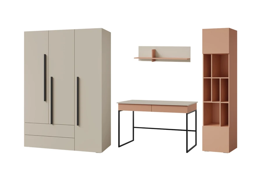 Möbelset Lima: Kleiderschrank, Schreibtisch und Regal in modernen Beige- und Terrakottatönen.