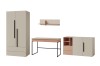 Vierteiliges Möbelset für das Jugendzimmer in Beige und Rosa auf weißem Hintergrund.