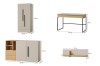 Maßangaben für Kleiderschrank, Schreibtisch, Sideboard und Wandregal der Lima-Serie in Beige und Eiche.