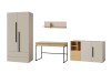 Vierteiliges Möbel-Set in Beige und Eiche bestehend aus Schrank, Schreibtisch, Sideboard und Wandboard.