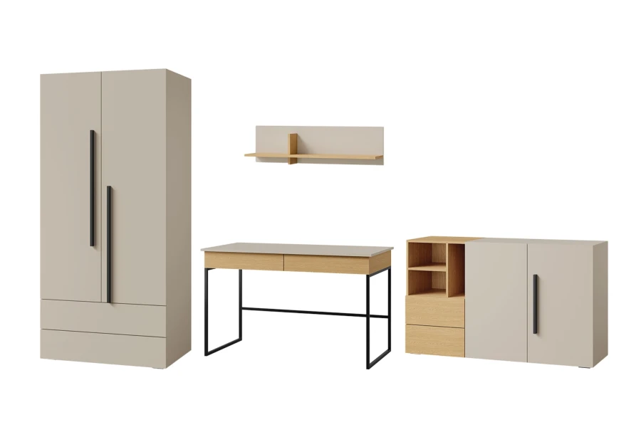 Vierteiliges Möbel-Set in Beige und Eiche bestehend aus Schrank, Schreibtisch, Sideboard und Wandboard.