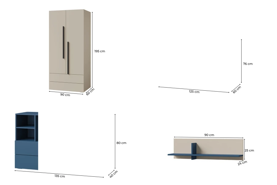 Maße für Jugendzimmermöbel in Beige und Blau: Schrank, Schreibtisch und Sideboard.