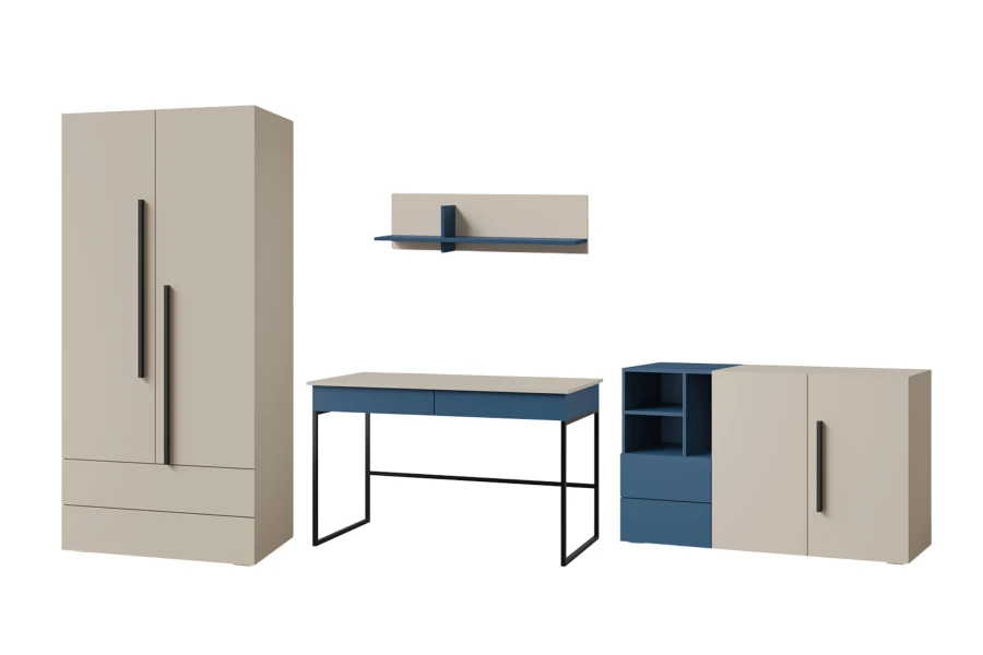 Modernes Möbel-Set für Jugendzimmer in Beige und Blau vor weißem Hintergrund.