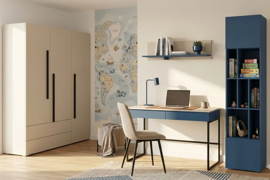 Jugendzimmer-Einrichtung mit Schreibtisch, Kleiderschrank und Weltkarte als Wanddeko.