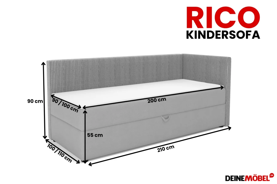 RICO Kindersofa Maße: 210x100 cm, Gesamthöhe 90 cm, Sitzhöhe 55 cm.