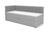 Graues Boxspring-Einzelbett mit Cord-Bezug und integriertem Bettkasten, freigestellt.