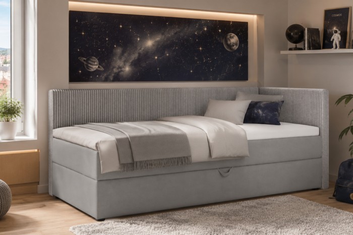 Graues Polsterbett mit Cord-Kopfteil im modern eingerichteten Zimmer