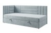 Hellblaues Daybed mit Bettkasten und gesteppter Rückwand auf weißem Hintergrund.
