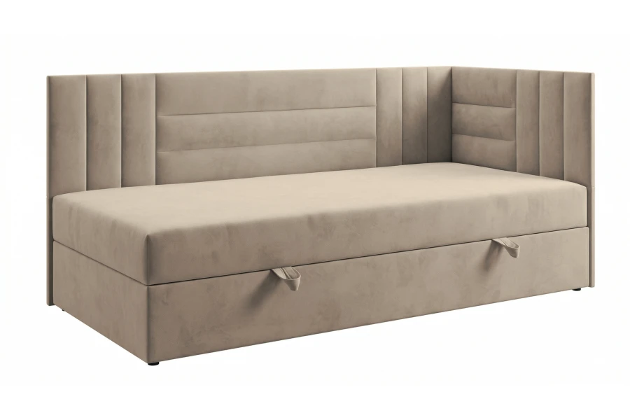 Kaya Kindersofa in Beige mit gepolstertem Rückenteil und integriertem Bettkasten.