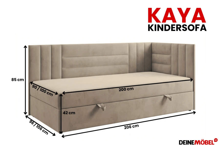 Detaillierte Maße des Kaya Kindersofas: 206 cm Gesamtlänge und 42 cm Sitzhöhe.