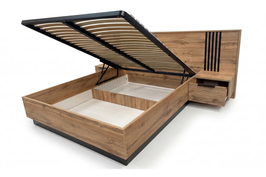 Praktisches Stauraumbett mit hochklappbarem Lattenrost und geräumigem Bettkasten.