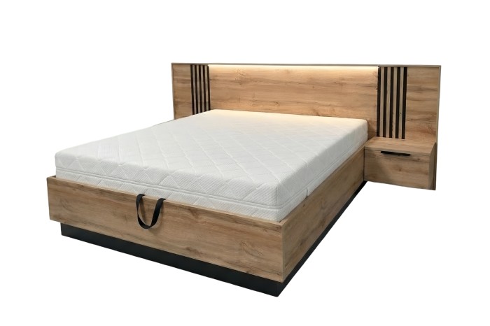 Modernes Holzbett in Eichenoptik mit LED-Beleuchtung am Kopfteil und integriertem Nachttisch.
