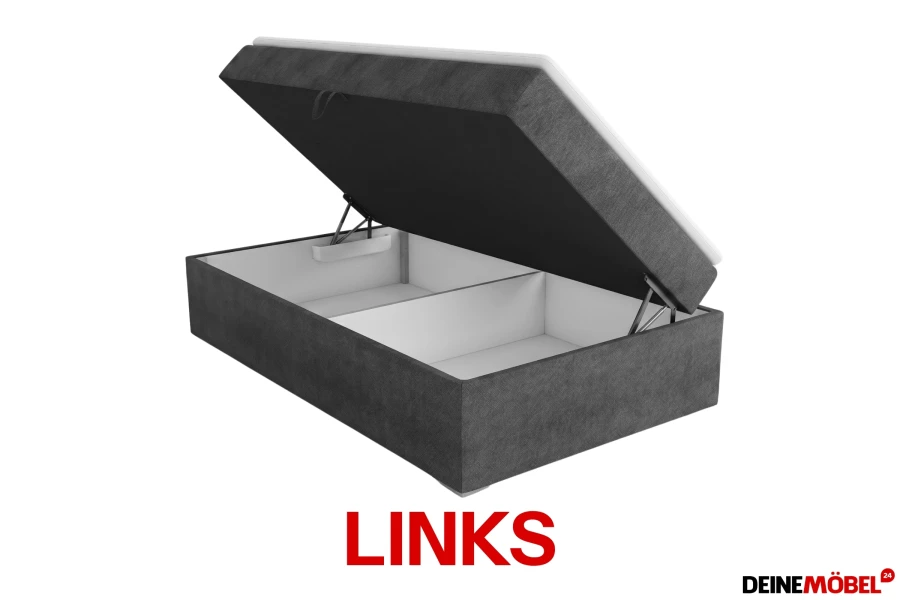 Graues Boxspringbett mit Bettkasten, linksseitig aufklappbar für zusätzlichen Stauraum.