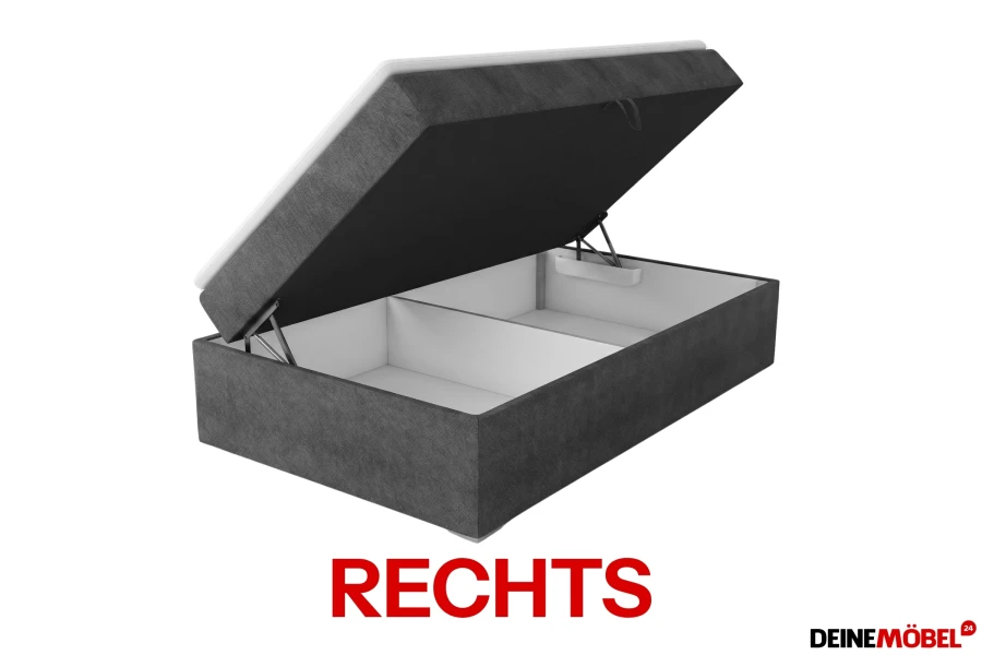 Boxspringbett in Hellgrau mit Bettkasten, rechtsseitig öffnend für Stauraumnutzung.