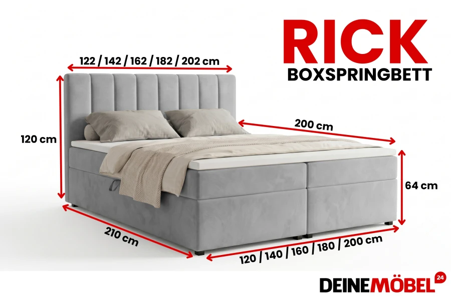 Übersicht der Maße und Größenoptionen für das Boxspringbett Rick.